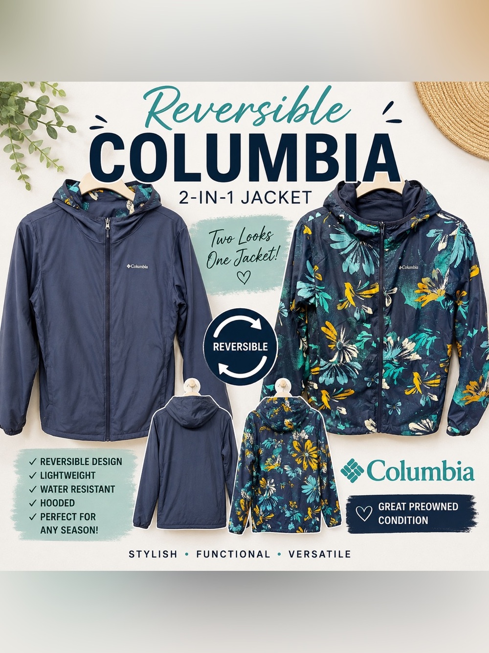 NWOT Columbia Girls Reversible Floral Hooded Jacket Navy 2-in-1 XS / M